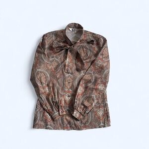 Brown vintage paisley print blouse with bow tie size L Koret of California